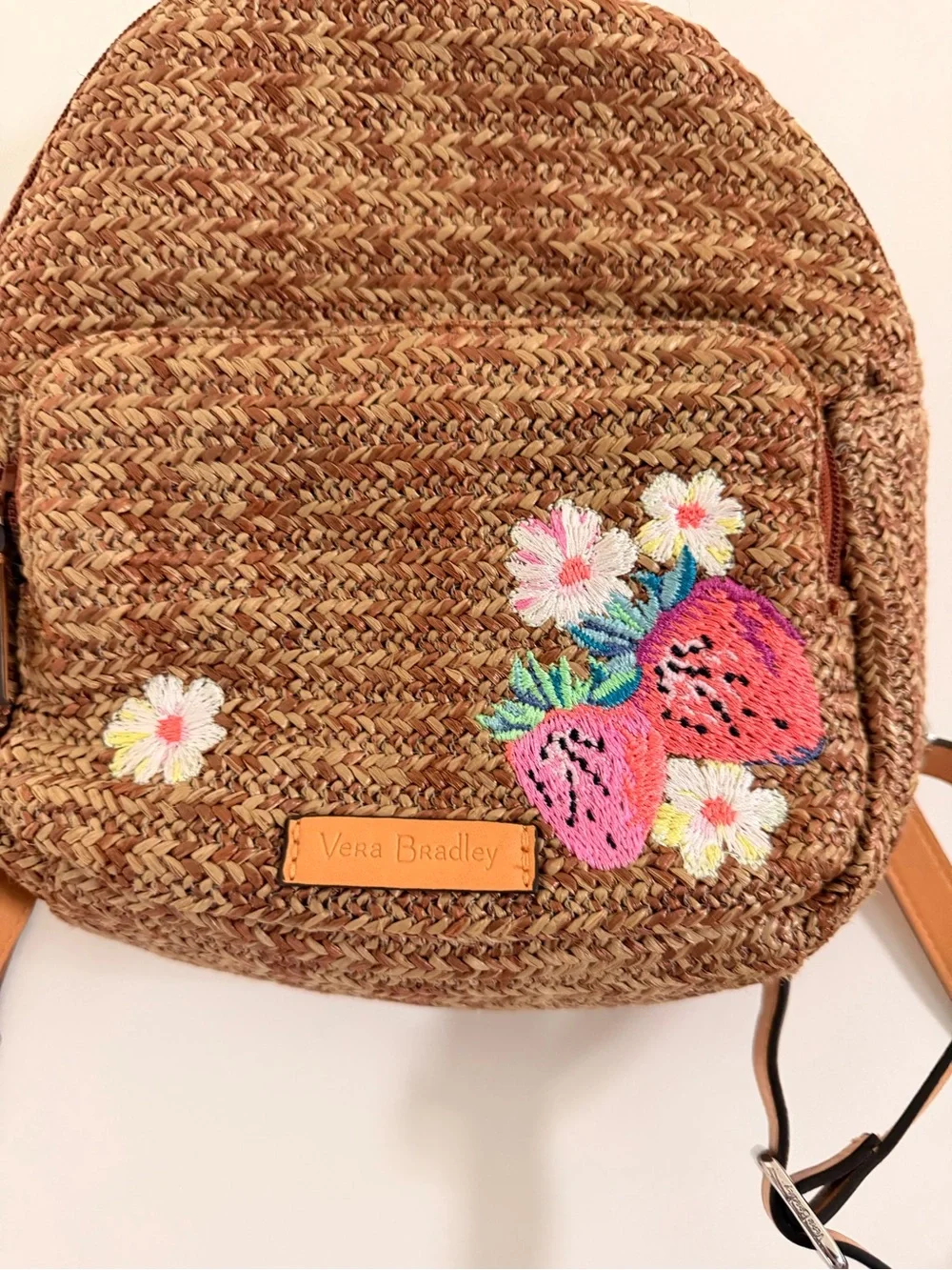 Vera Bradley Brown Straw Mini Backpack with Pink Strawberry Embroidery